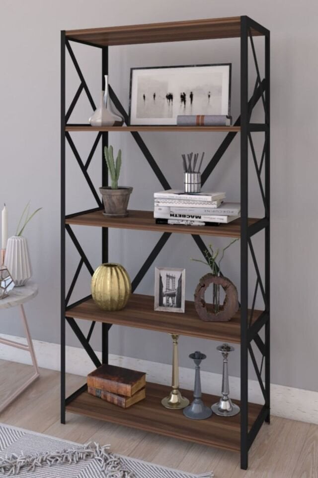 Kahverengi Ceviz Dekoratif 5 Raflı Kitaplık 150 Cm