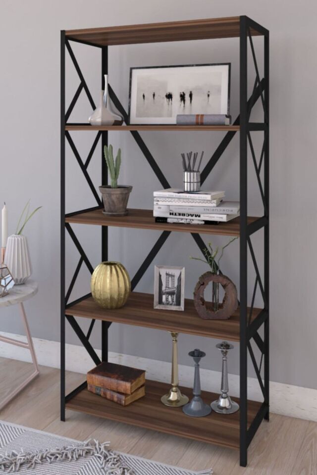 Kahverengi Ceviz Dekoratif 5 Raflı Kitaplık 150 Cm