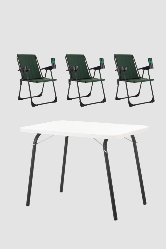 3 Adet Katlanır Bardaklıklı Kamp Sandalye ve Masa Seti,Taşınabilir Piknik Bahçe Sandalyesi Masa Seti