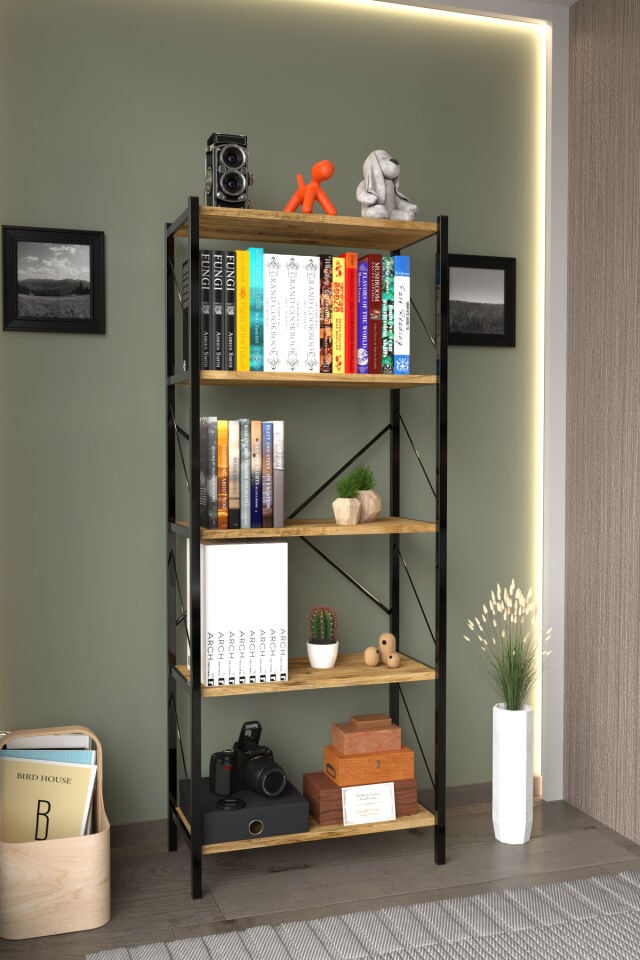 Metal Kitaplık 5 Raflı Ofis Kitaplığı Kitap Dosya Rafı Ceviz
