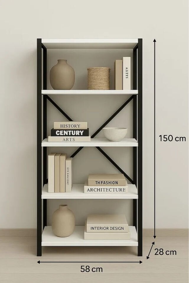 5 Raflı Çok Amaçlı Metal ve Ahşap Dolap – Kitaplık, Mutfak, Kırtasiye ve Banyo Rafı – 60x30x150 cm