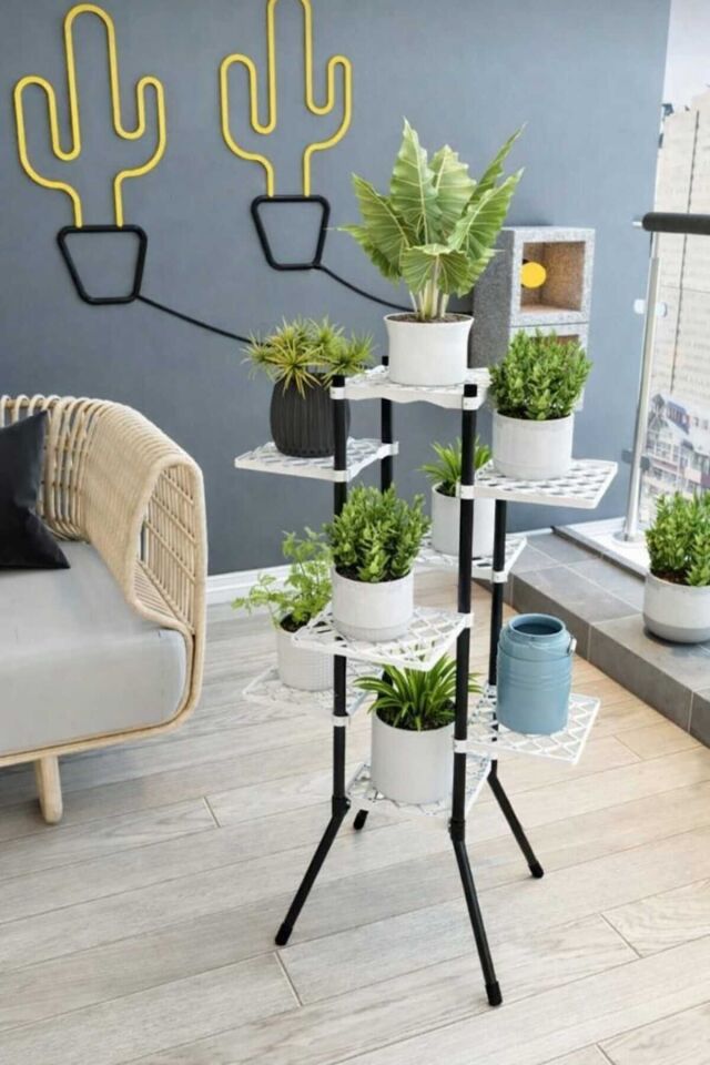 Beyaz Alin 8'li Çiçeklik, 8 Raflı Saksı Standı, 8 Raflı Plastik Saksılık, Dekoratif Saksılık