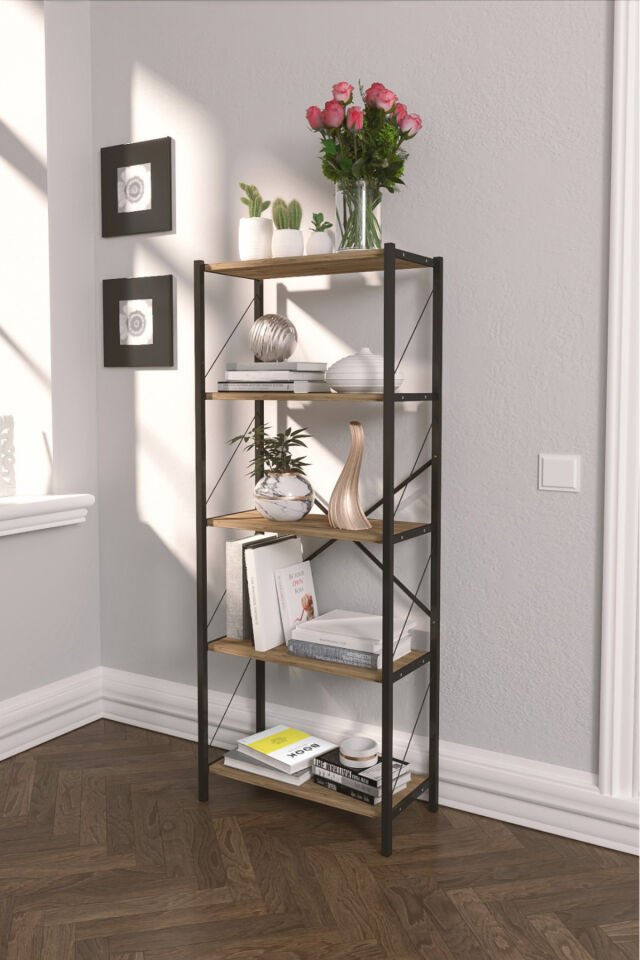 Denk Metal Mobilya Ceviz Kitaplık 5 Raflı 150 Cm