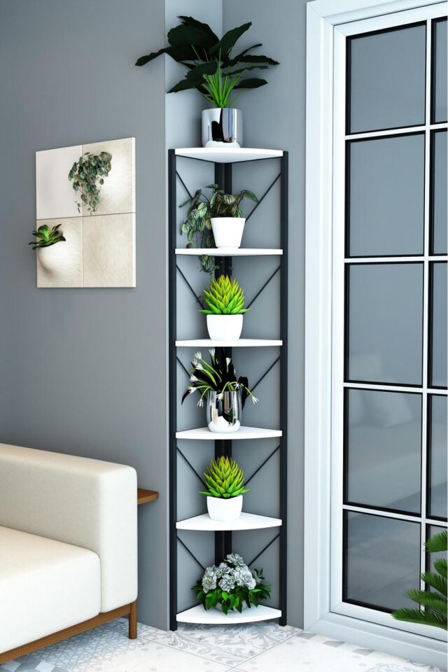 6 Raflı Metal Köşe Rafı Saksılık Çiçeklik Çok Amaçlı Dekoratif Duvar Rafı 180 cm