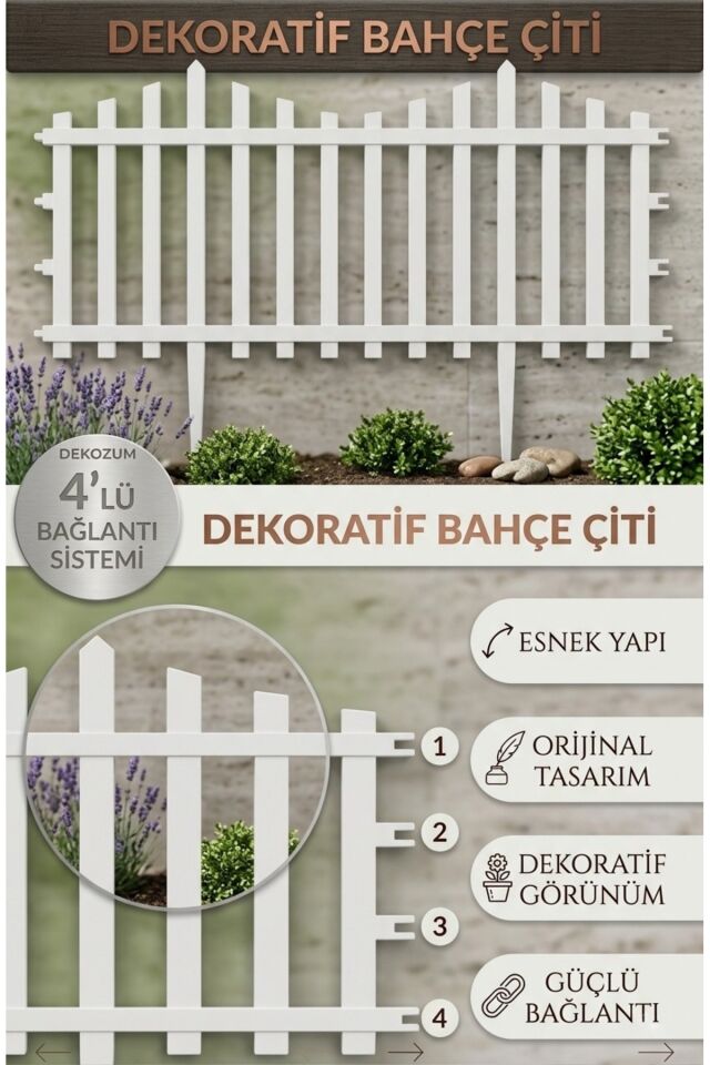 FLORA 1 ADET Bahçe Çiti Dekoratif Plastik Esnek Beyaz Çit