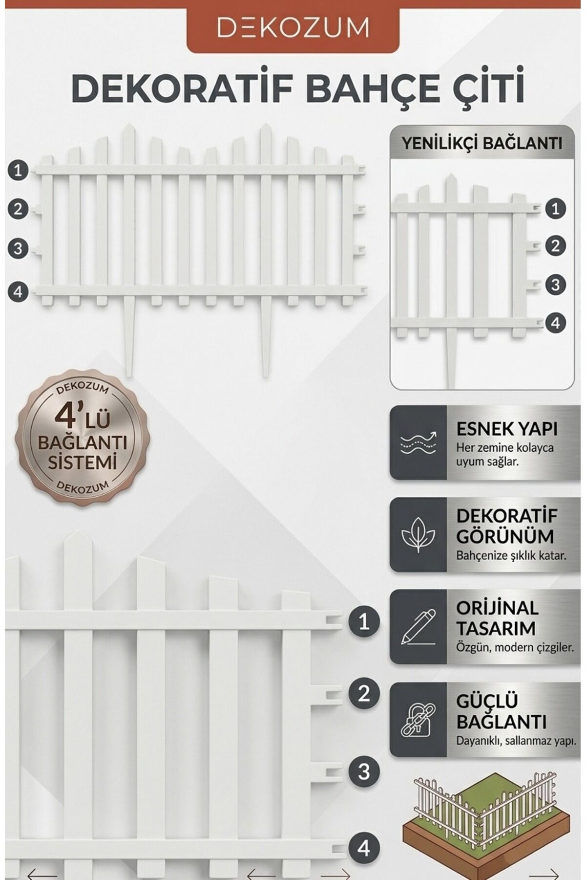 FLORA 1 ADET Bahçe Çiti Dekoratif Plastik Esnek Beyaz Çit Beyaz 20 ADET