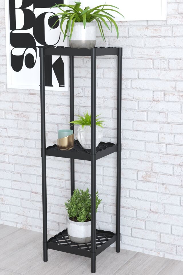 Rose 3 Raflı Çiçeklik Saksılık Çiçek Saksı Standı Siyah