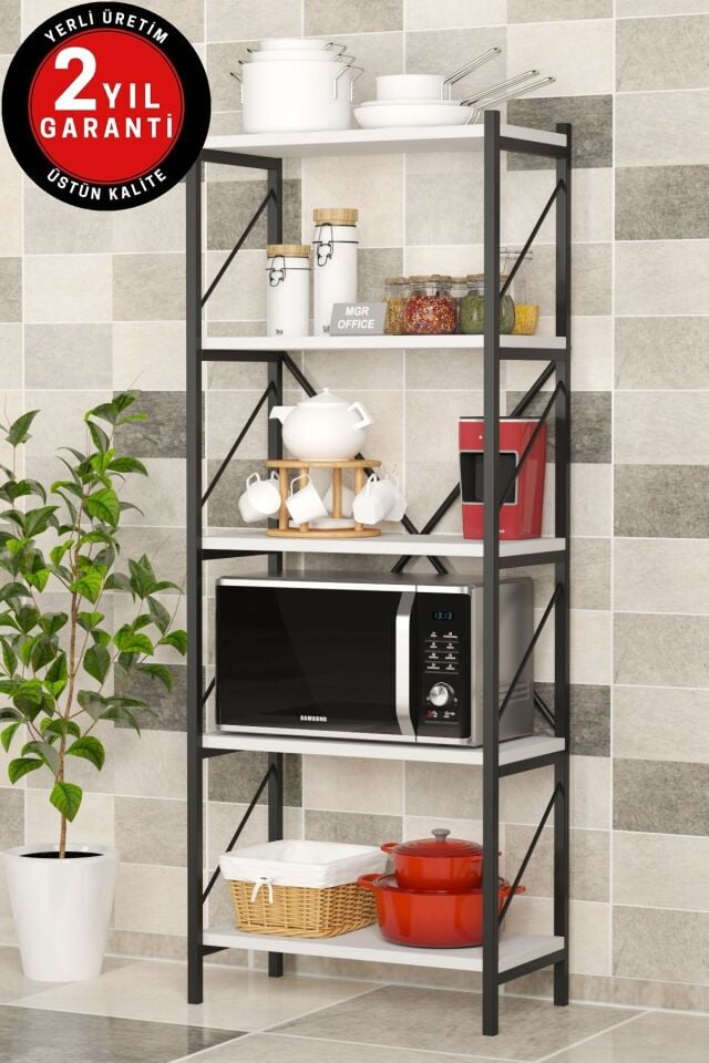 5 Raflı Metal Mutfak Düzenleyici Raf Metal 5 Raflı Kitaplık Mutfak Rafı Baharatlık Beyaz 150 Cm