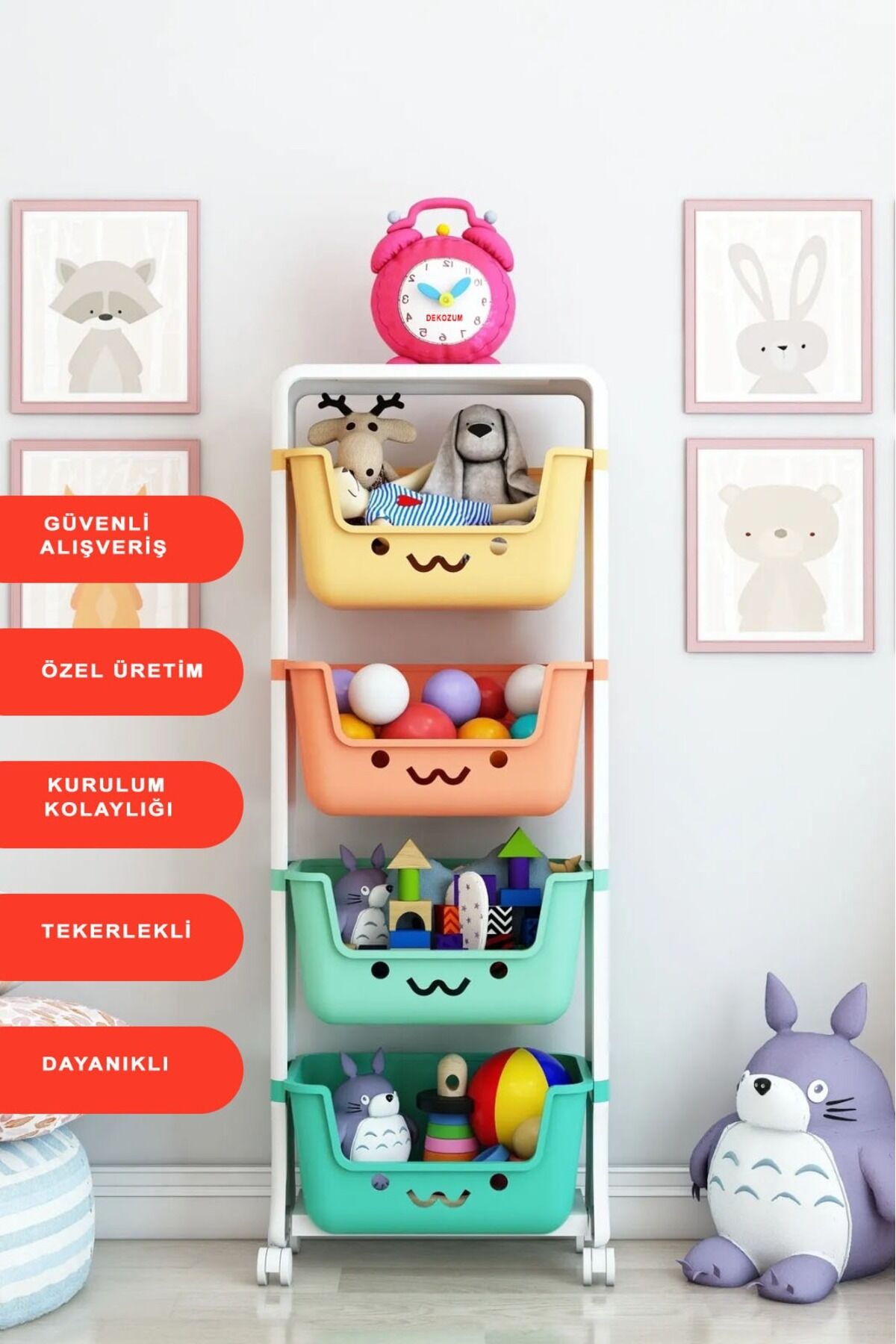 JERRY 4 Katlı Oyuncak Dolabı, Oyuncak Organizeri, Sepetli Oyuncak Dolabı RENGARENK Çok Renkli