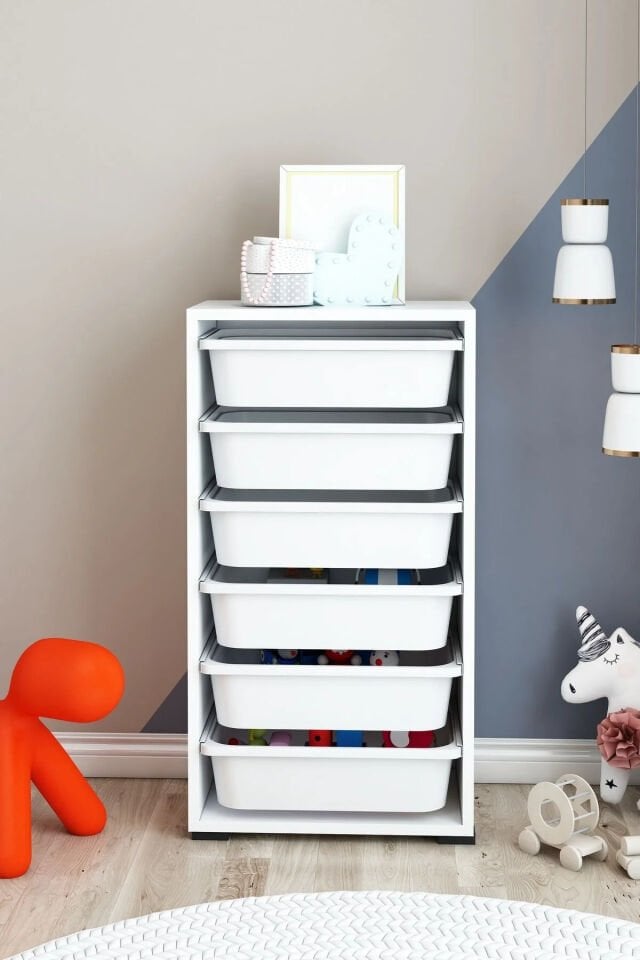 KİDS 6 Sepetli Oyuncak Dolabı Organizer Saklama Depolama Box Beyaz-Beyaz