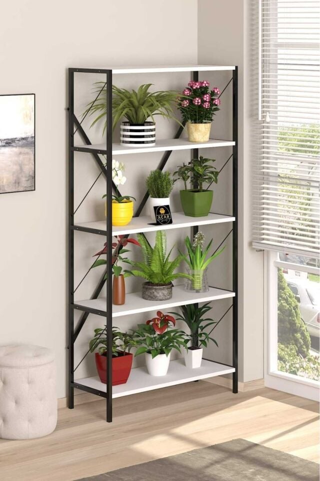 5 Raflı Metal  Çiçeklik Modern Saksı ve Dekoratif Eşya Standı Şık ve Dayanıklı Tasarım 180 cm
