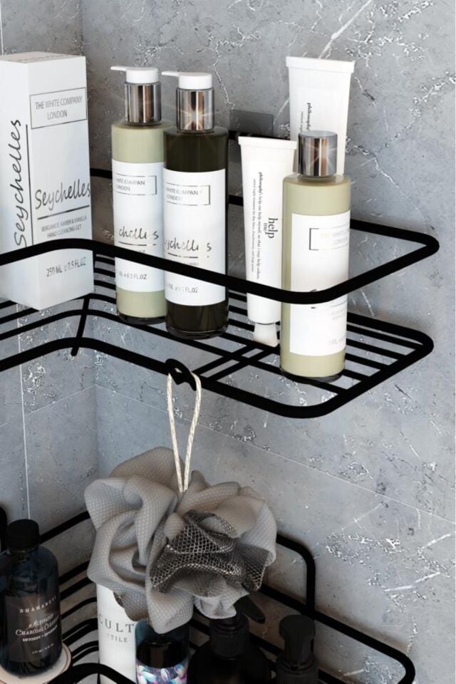 Yapışkanlı 2’li Banyo Köşe Rafı - Siyah Metal Duş Şampuanlık Organizeri