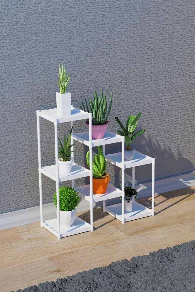 Işıl 7 Raflı Plastik Beyaz Saksılık Dekoratif Çiçeklik Saksı Standı